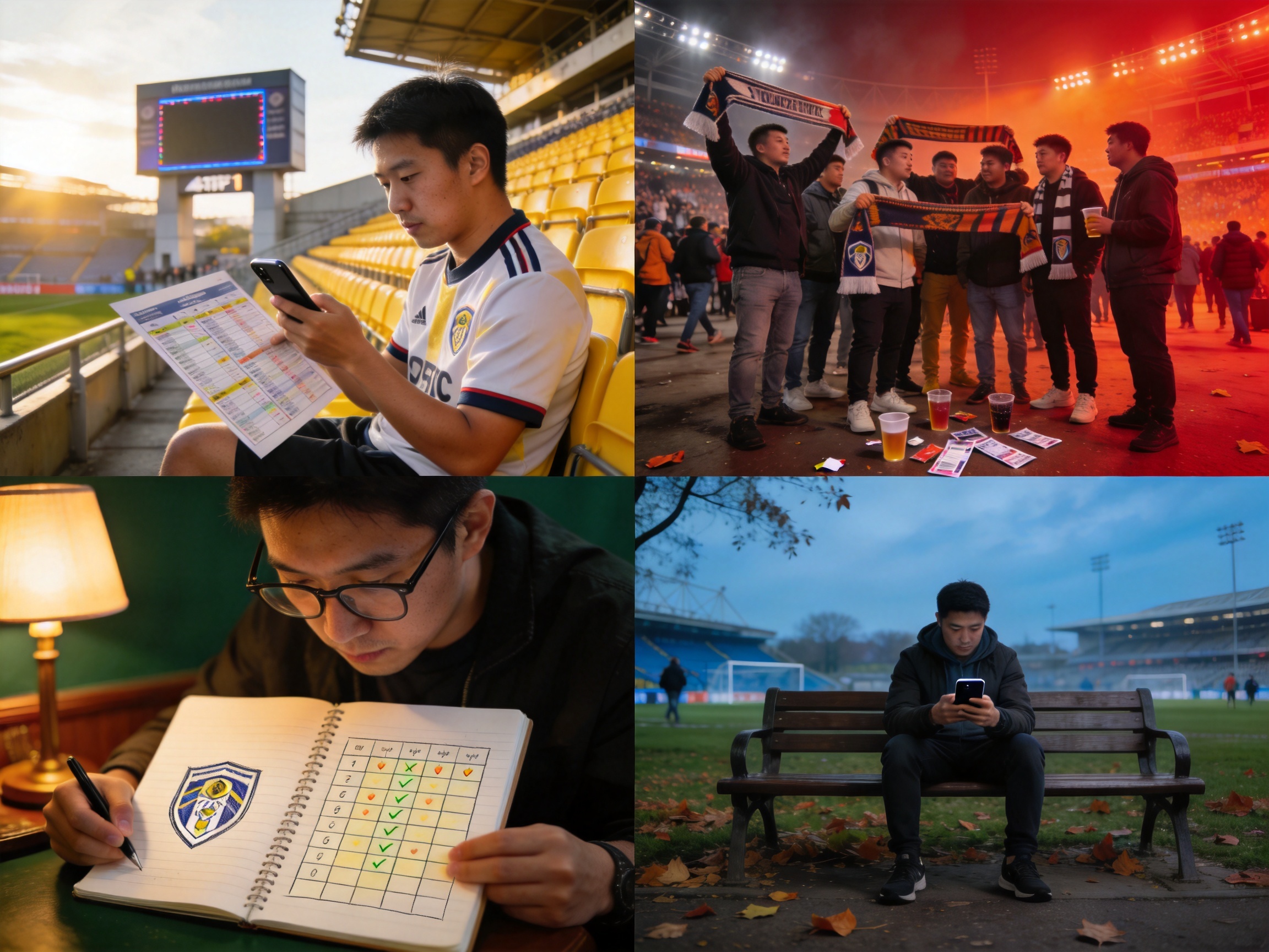 球迷场景配图：看台上球迷观看比赛的画面，用于说明比赛日的信息阅读场景